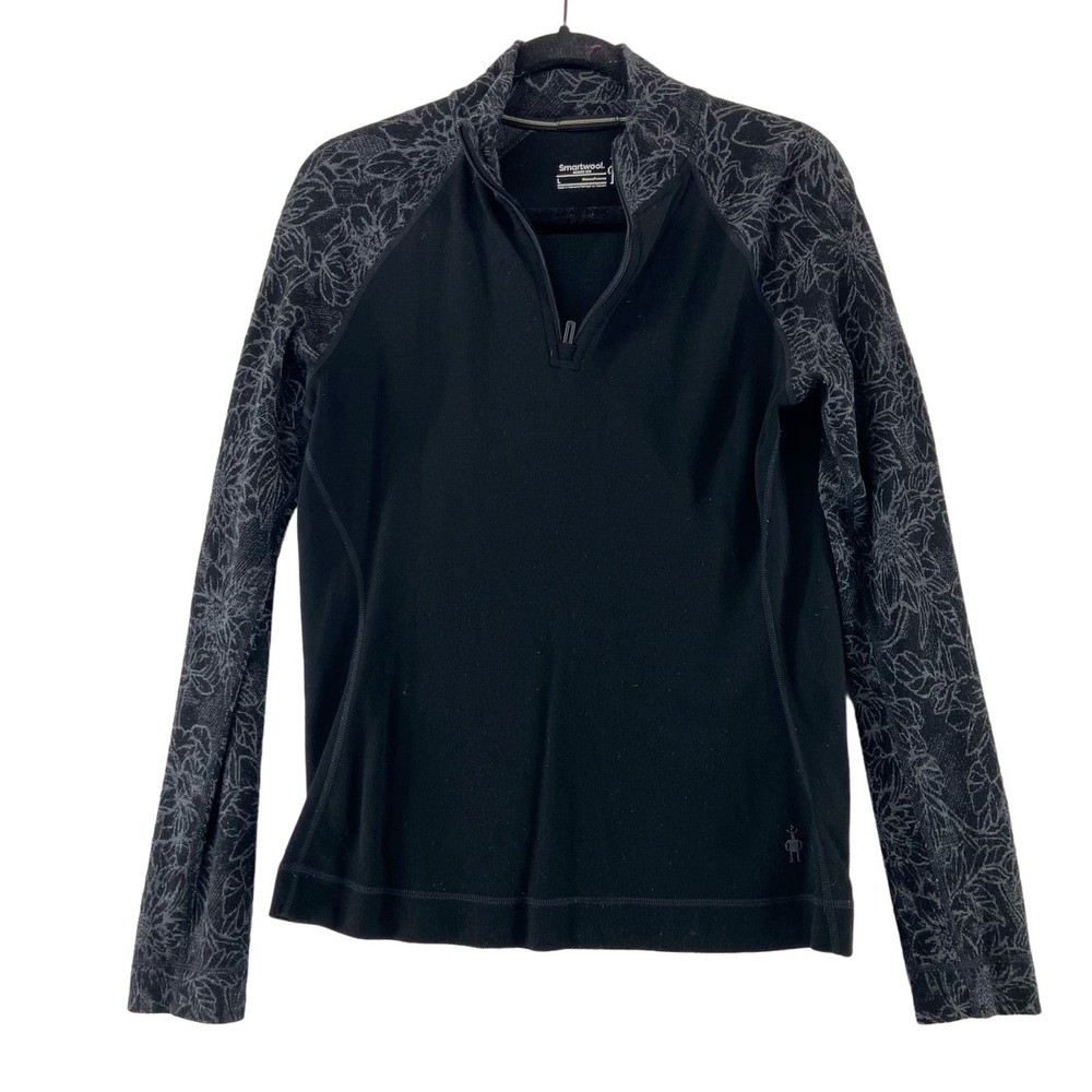 Smartwool Women’s L Black Merino Wool 1/4 Zip Floral Sleeve Pullover